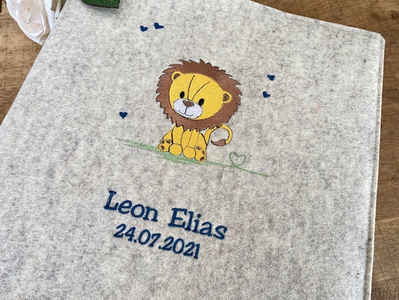 Photo album baby - little lion - with name, baby album personalized, wool felt