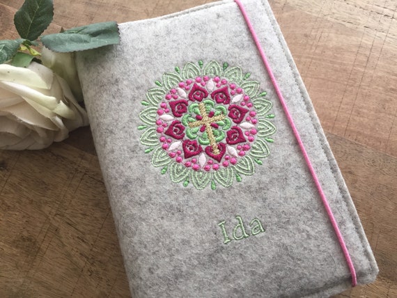 Hymn book cover made of wool felt - Mandala - pink, rose, green - cover for hymn book with name, felt cover, cover prayer book, communion, cross