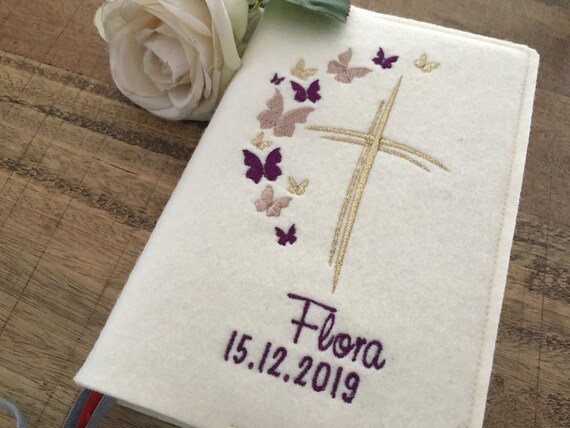 Hymn book cover made of wool felt cream - butterflies - aubergine gold, gift for communion