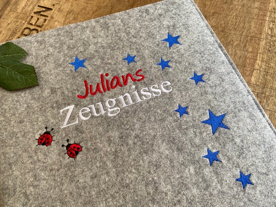 Certificate folder made of wool felt - stars - felt cover, gift for school enrollment