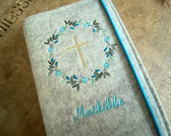 Praise to God cover felt - flower wreath turquoise, cross gold - Praise to God cover made of wool felt