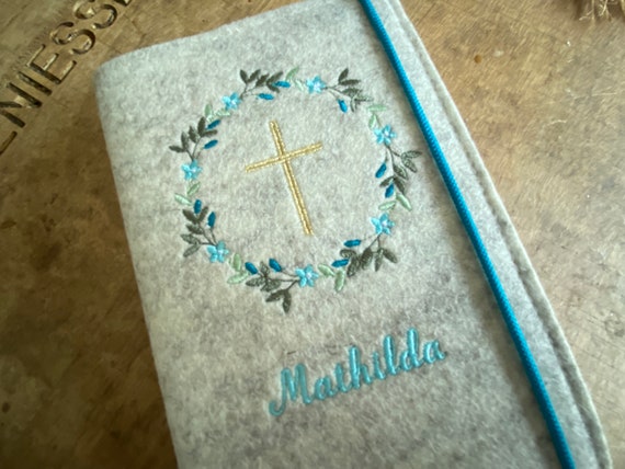 Gotteslob cover felt - flower wreath turquoise, cross gold - cover Gotteslob made of wool felt