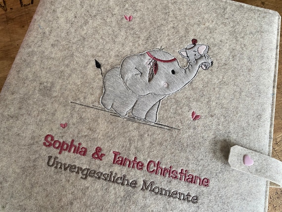 Photo Album Baby - Elephant - Baby Album with Name, 100% Wool Felt, Embroidered