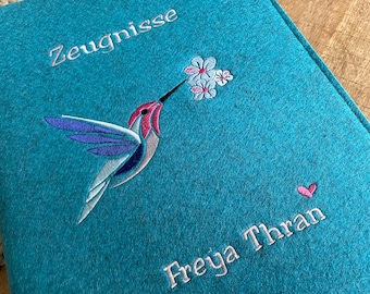 Certificate folder made of wool felt - hummingbird - felt cover turquoise, gift for school enrollment