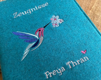 Certificate folder made of wool felt - hummingbird - felt cover turquoise, gift for school enrollment