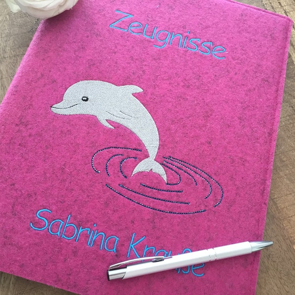 Zeugnismappe - Delfin, pink, 100% Wollfilz, Ordner für Zeugnisse,Dokumentenordner,Filzhülle DinA4,Geschenk zur Einschulung