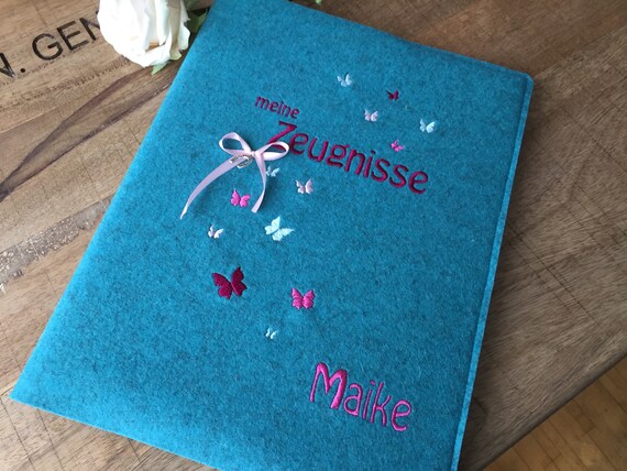Certificate folder - butterflies, turquoise, felt cover, folder for certificates, gift for starting school