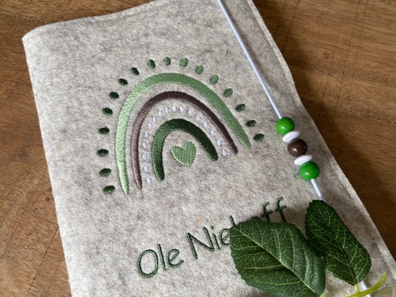 U-book cover made of wool felt - rainbow green tones - Scandi, U-book cover with name - free choice of color!