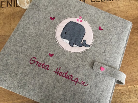 Photo album with name, baby album personalized, cover made of wool felt, cute whale, Wild & Free, pink