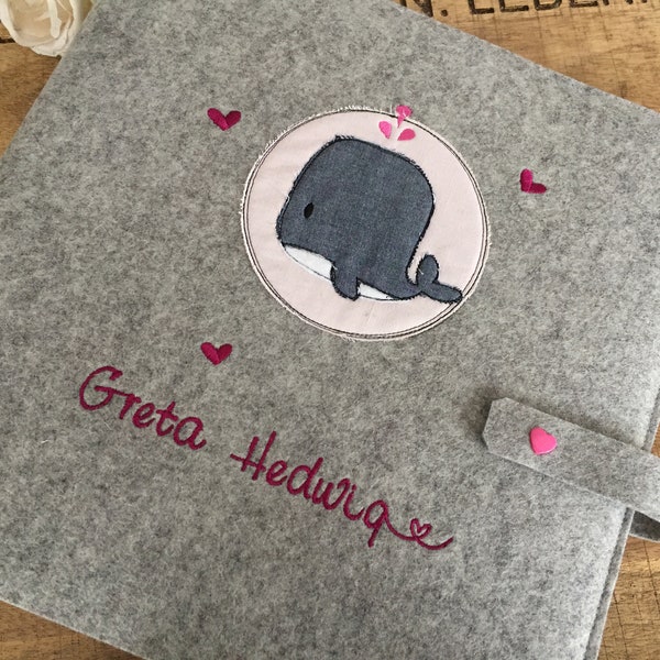 Photo album with name, baby album personalized, envelope made of wool felt, cute whale, Wild & Free, pink