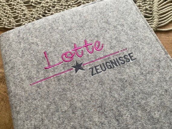 Certificate folder with name - made of wool felt, folder for certificates, document folder, felt cover, star, pink/grey