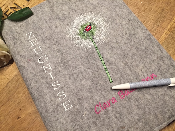 Certificate folder - Dandelion - 100% wool felt, folder for certificates, document folder, felt cover, ladybird, lucky charm, clover leaf