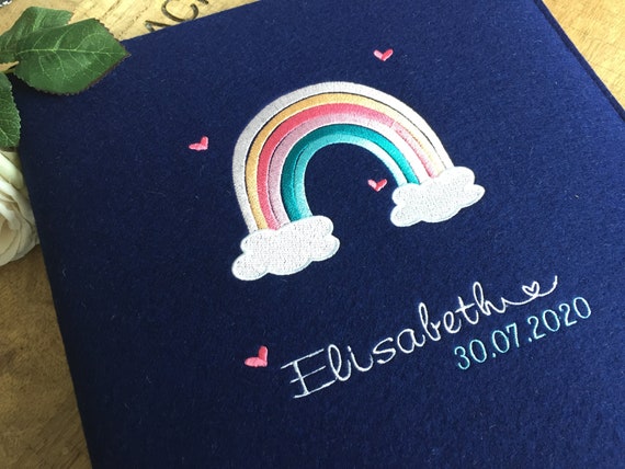 Photo album Baby - rainbow pastel, baby album personalized, felt cover embroidered, hearts