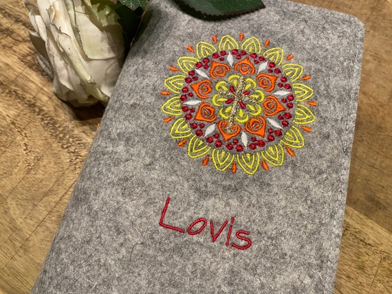 Hymn book cover made of wool felt - Mandala yellow, orange, red - cover for hymn book with name, felt cover, cover prayer book, communion, cross