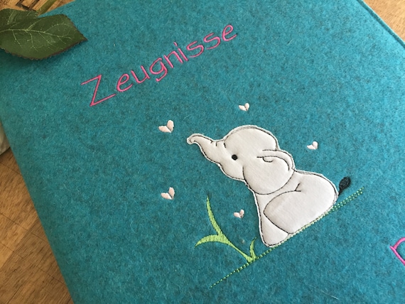 Certificate folder - Elephant - Cover made of wool felt, folder for certificates embroidered