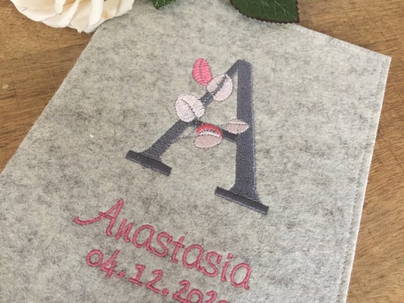 U-book cover made of wool felt - monogram eucalyptus - rose/grey - U-book cover, floral felt cover U-book
