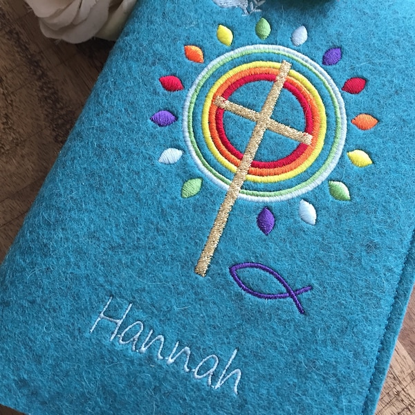 God's praise cover made of wool felt - turquoise - rainbow colors