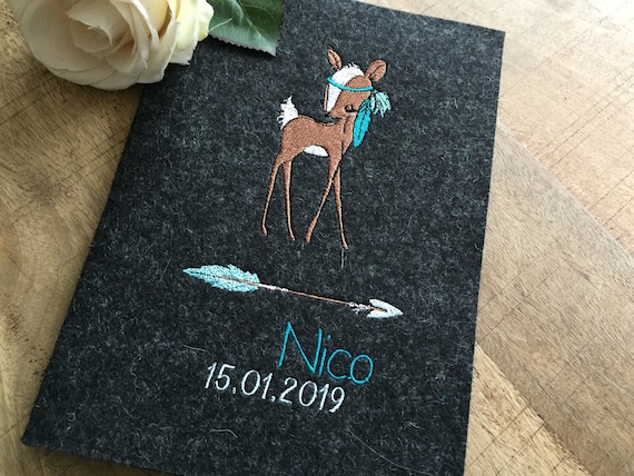 U-book cover made of wool felt with name - cute deer, U-book cover made of wool felt, felt cover U-book Bambi, Boho, feathers, anthracite/turquoise,