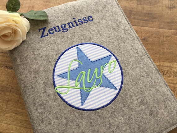 Certificate folder - Star, 100% wool felt, folder for certificates, document folder, felt cover, blue/green