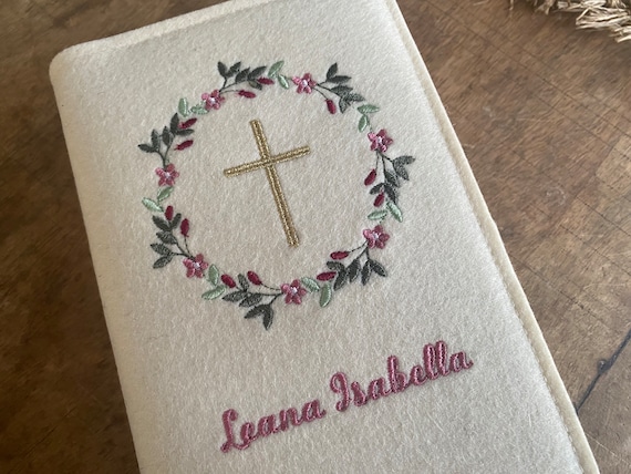 Hymnal cover felt cream - flower wreath, gold cross - Hymnal cover made of wool felt