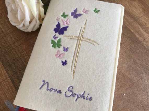 Hymnal cover made of wool felt - butterflies, cover for hymnal for communion, cross, cover for prayer book