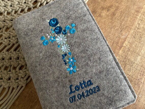 Hymn book cover made of wool felt - Floral Cross - Turquoise - Flower Cross, Blossom Cross