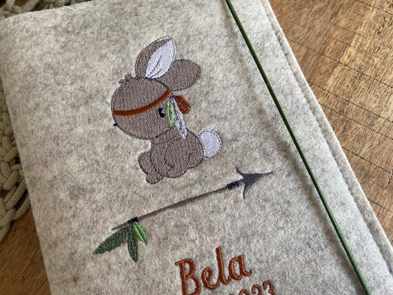 U-book cover made of wool felt with name - little rabbit - U-book cover, felt cover for examination book, cover U-book, boho, U-book for boys