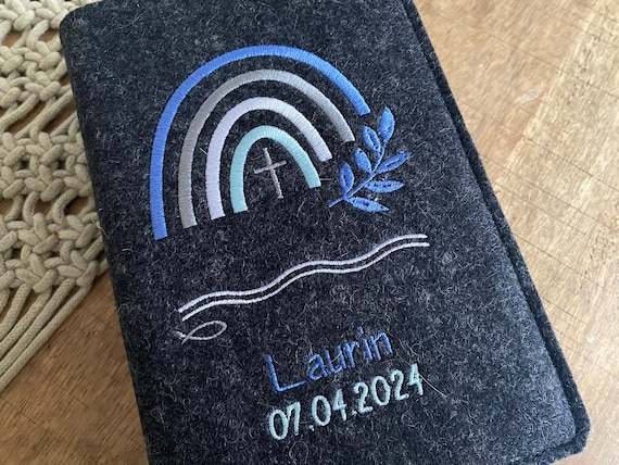 Hymn book cover made of wool felt - RAINBOW - free choice of colour - gift for communion, hymn book cover embroidered felt