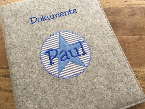 Certificate folder - star - blue, 100% wool felt, folder for certificates, document folder, felt cover