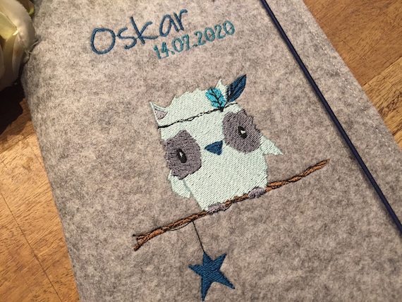 U-book cover made of wool felt - owl on branch - boho - U-book cover, felt cover U-book, forest friends - mint, petrol, star