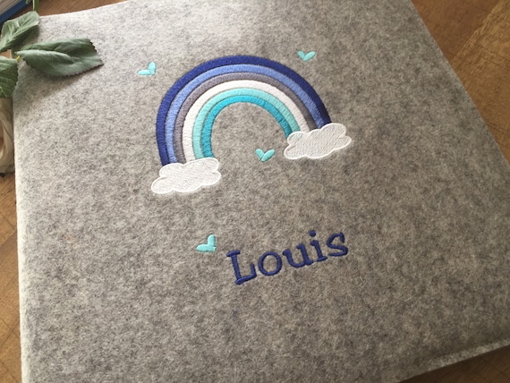 Baby photo album - Rainbow Blue Tones - Personalized baby album, embroidered felt cover, hearts