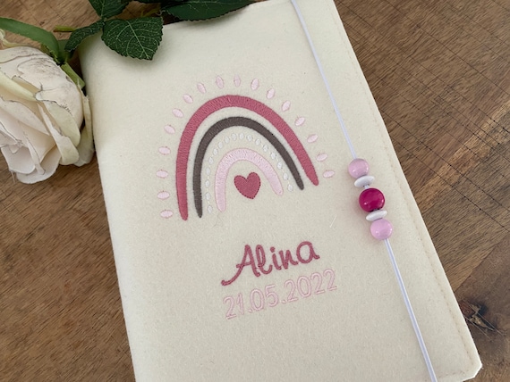 U-book cover made of wool felt, embroidered - rainbow - free choice of color - U-book with name