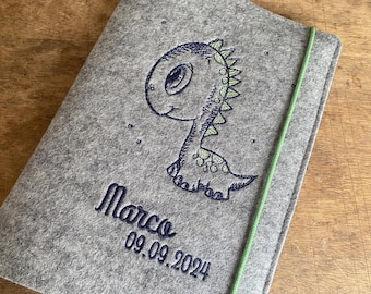 U-book cover made of felt - dinosaur - free choice of color, with name ...!