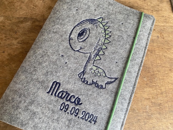 U-book cover made of felt - dinosaur - free choice of color, with name ...!