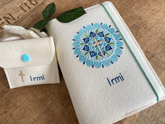 Hymnal cover made of wool felt - Mandala turquoise on cream - cover for hymnal with name, felt cover, cover prayer book, communion, cross