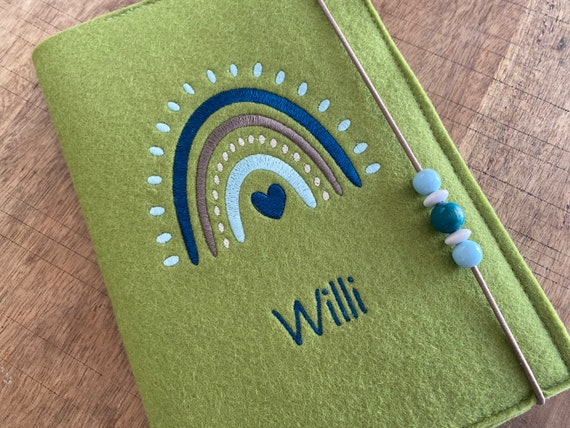 U-book cover made of wool felt, embroidered - rainbow - U-book cover, felt cover for examination booklet, cover U-book with name