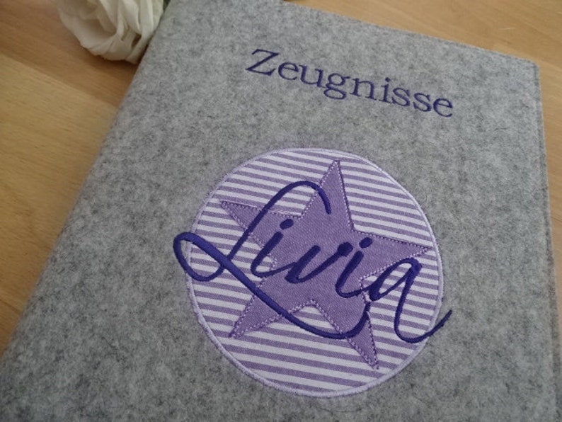 Zeugnismappe Stern, lila mit Namen,Ordner für Zeugnisse,Filzhülle, Geschenk zur Einschulung Bild 2