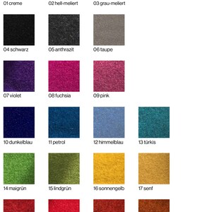May include: Swatch card with 21 fabric samples in various colors, including cream, black, purple, blue, green, yellow, red, and orange. Each sample is labeled with a number and a German word describing the color.