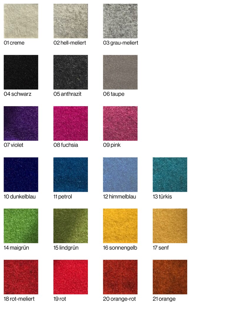 May include: Swatch card with 21 fabric samples in various colors, including cream, black, purple, blue, green, yellow, red, and orange. Each sample is labeled with a number and a German word describing the color.