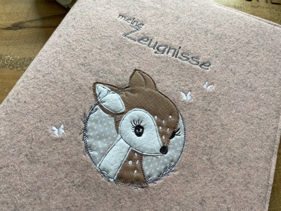 Certificate folder soft pink - deer, butterflies - cover made of wool felt, folder for certificates DinA4, gift for school enrollment