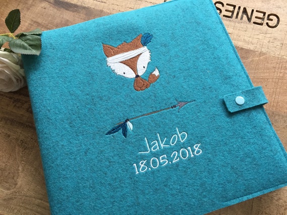 Photo album with name, baby album personalized, cover made of wool felt, cute fox, Wild & Free, feather
