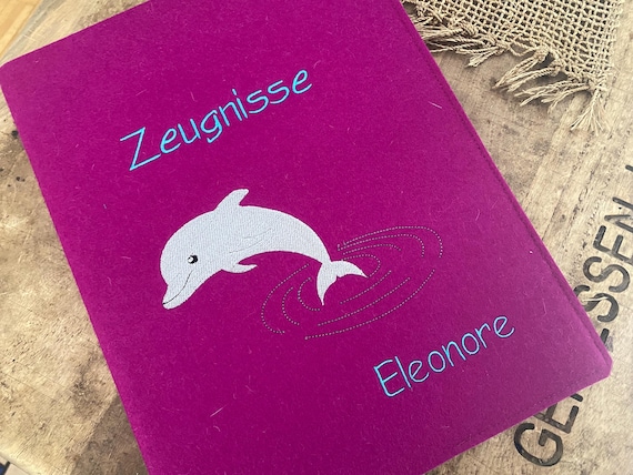 Certificate folder - dolphin - 100% wool felt fuchsia, folder for certificates, document folder, felt cover DinA4, gift for starting school