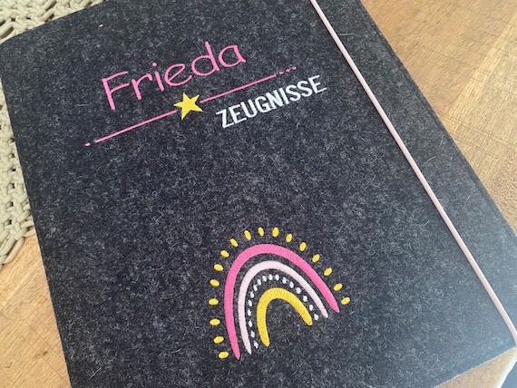 Certificate folder with name made of wool felt - rainbow - free choice of color - folder for certificates, document folder, felt cover, heart