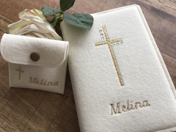Hymn book cover made of wool felt - cross - felt cover Hymn book, cross with glitter stones, cover Hymn book cream, gift for communion