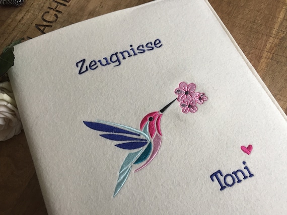 Certificate folder made of wool felt - hummingbird - turquoise/pink, felt cover cream, gift for school enrollment