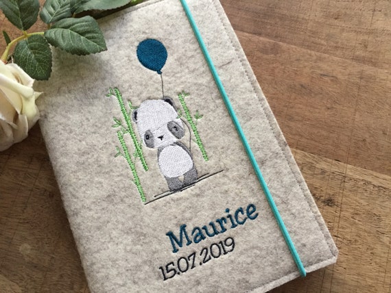 U-book cover made of wool felt with name - panda bear, U-book cover, cover for examination booklet, pass sleeve, petrol