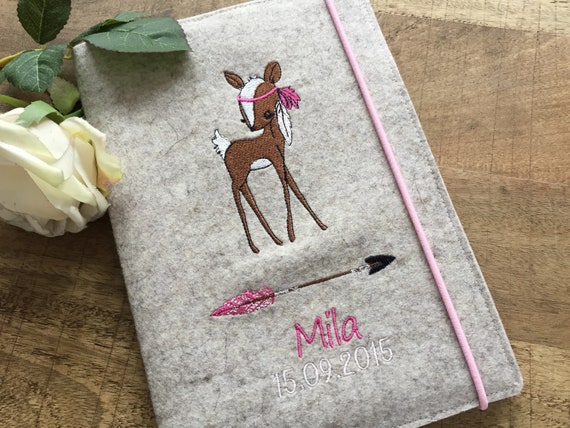 U-book cover made of wool felt with name - cute deer, U-book cover for girls, Bambi, Boho, forest animals, pink