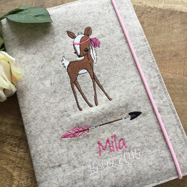 U-booklet cover made of wool felt with name - cute deer, U-booklet cover for girls, Bambi, Boho, forest animals, pink/pink