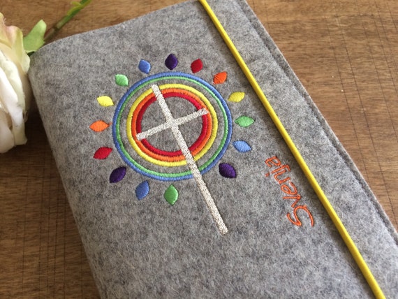 Prayer book cover made of wool felt - rainbow colors, cross, cover for prayer book, gift for communion, felt cover