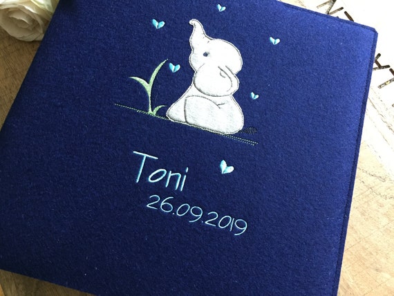 Photo album Baby - Elephant - Baby album with name, 100% wool felt, dark blue, gift for baptism, baby diary